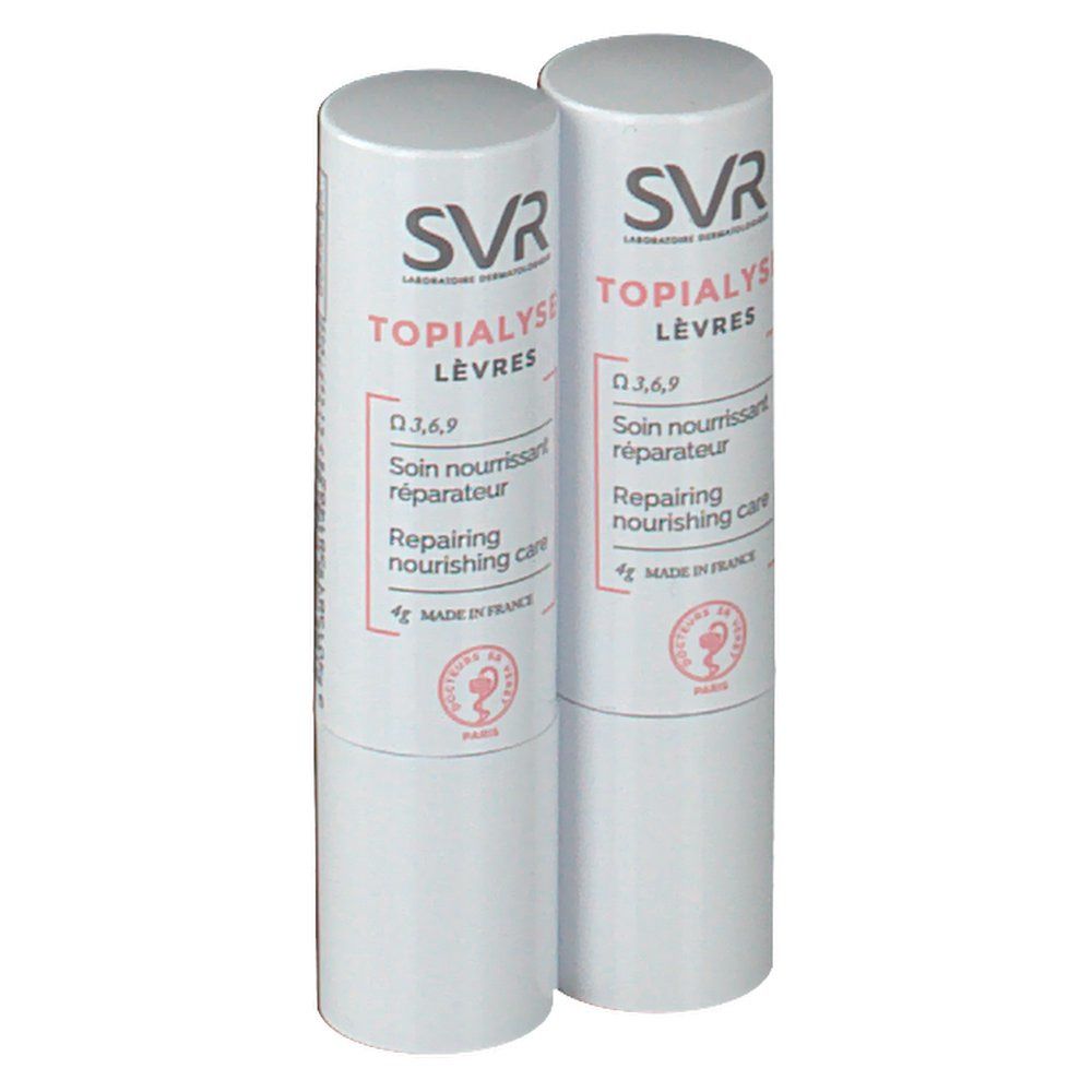 Twee witte lippenstiften. Opschrift: SVR Topialyse Lèvres, Soin nourrissant réparateur, Repairing nourishing care.