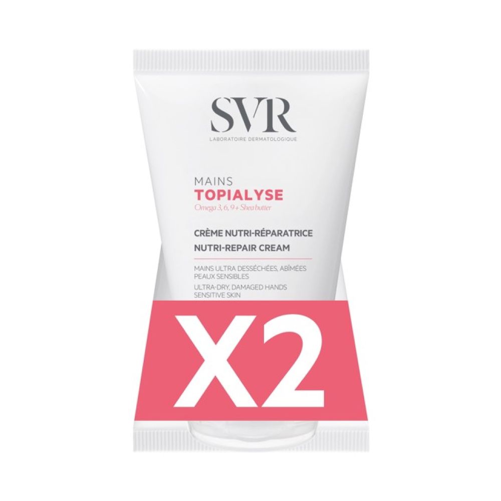 Twee crèmetubes met witte dop en rode banderol met "X2". Opschrift "SVR Topialyse Mains".