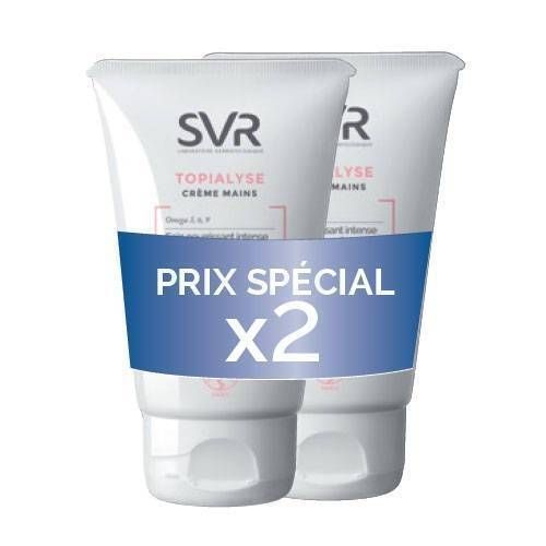 Twee crèmetubes met witte dop en blauwe banderol met "PRIX SPÉCIAL x2". Opschrift "SVR Topialyse Mains".