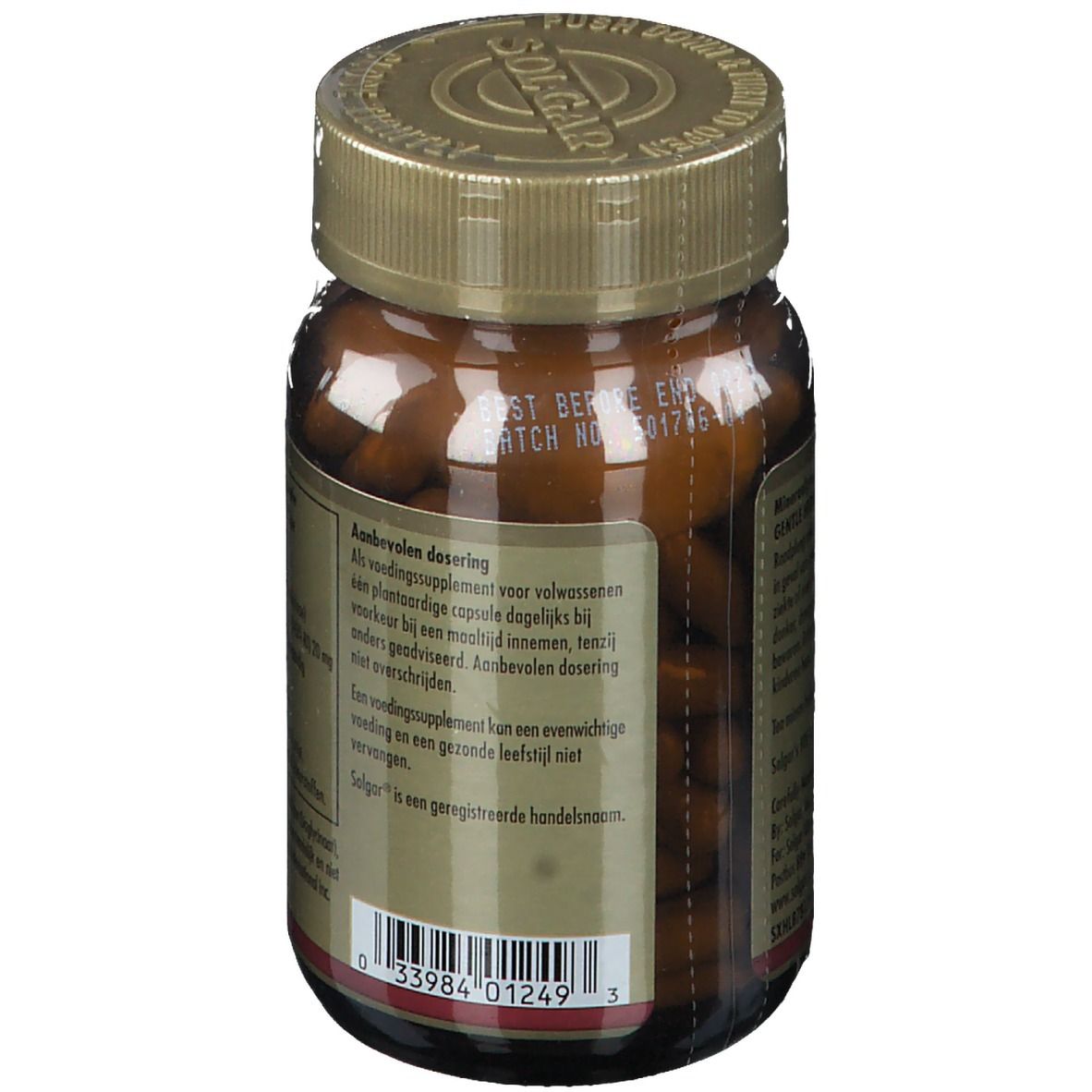 Dos du flacon en verre brun. Instructions de dosage et informations. Bouchon doré. Solgar Gentle Iron.