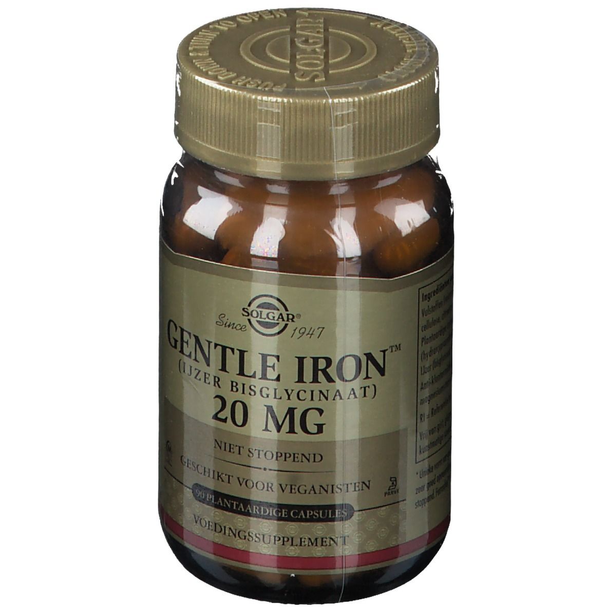 Flacon en verre brun Solgar Gentle Iron 20 mg. Bouchon doré. Inscription : Gentle Iron, 20 mg, 90 capsules.