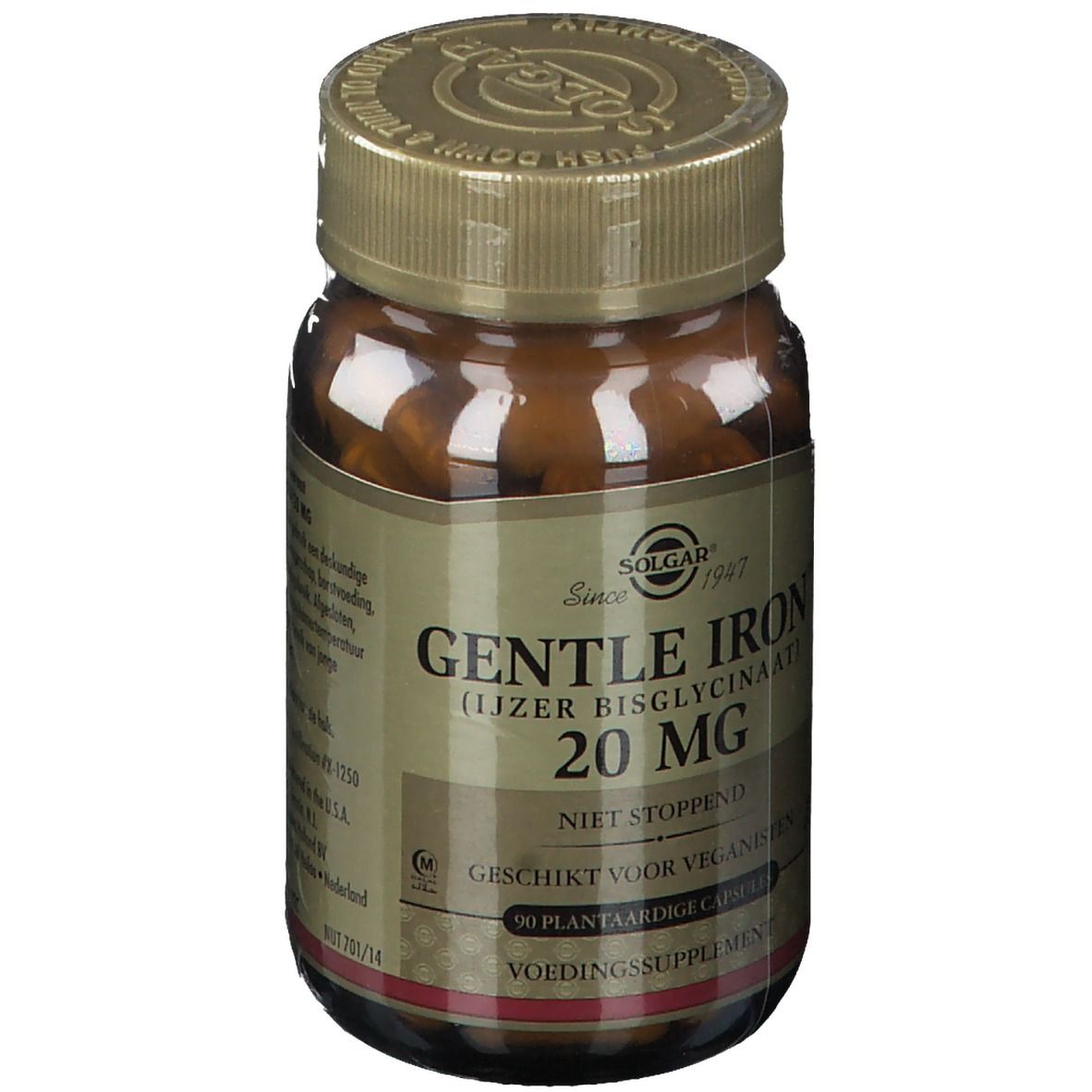 Flacon en verre brun Solgar Gentle Iron 20 mg. Bouchon doré. Inscription : Gentle Iron, 20 mg, 90 capsules.