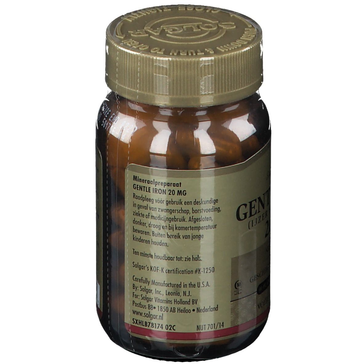 Dos du flacon en verre brun. Informations et certifications. Bouchon doré. Solgar Gentle Iron 20 mg.