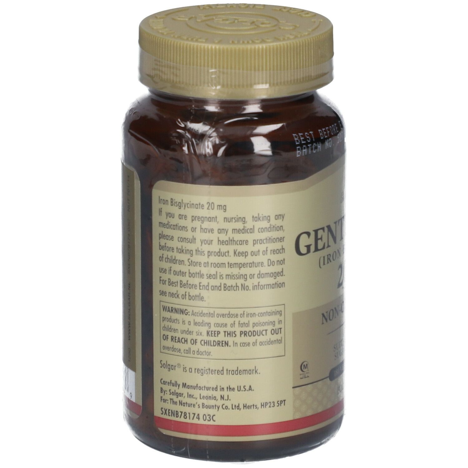 Dos du flacon marron Solgar Gentle Iron 20 mg. Texte : Bisglycinate de fer 20 mg. Avertissement : Tenir hors de portée des enfants.