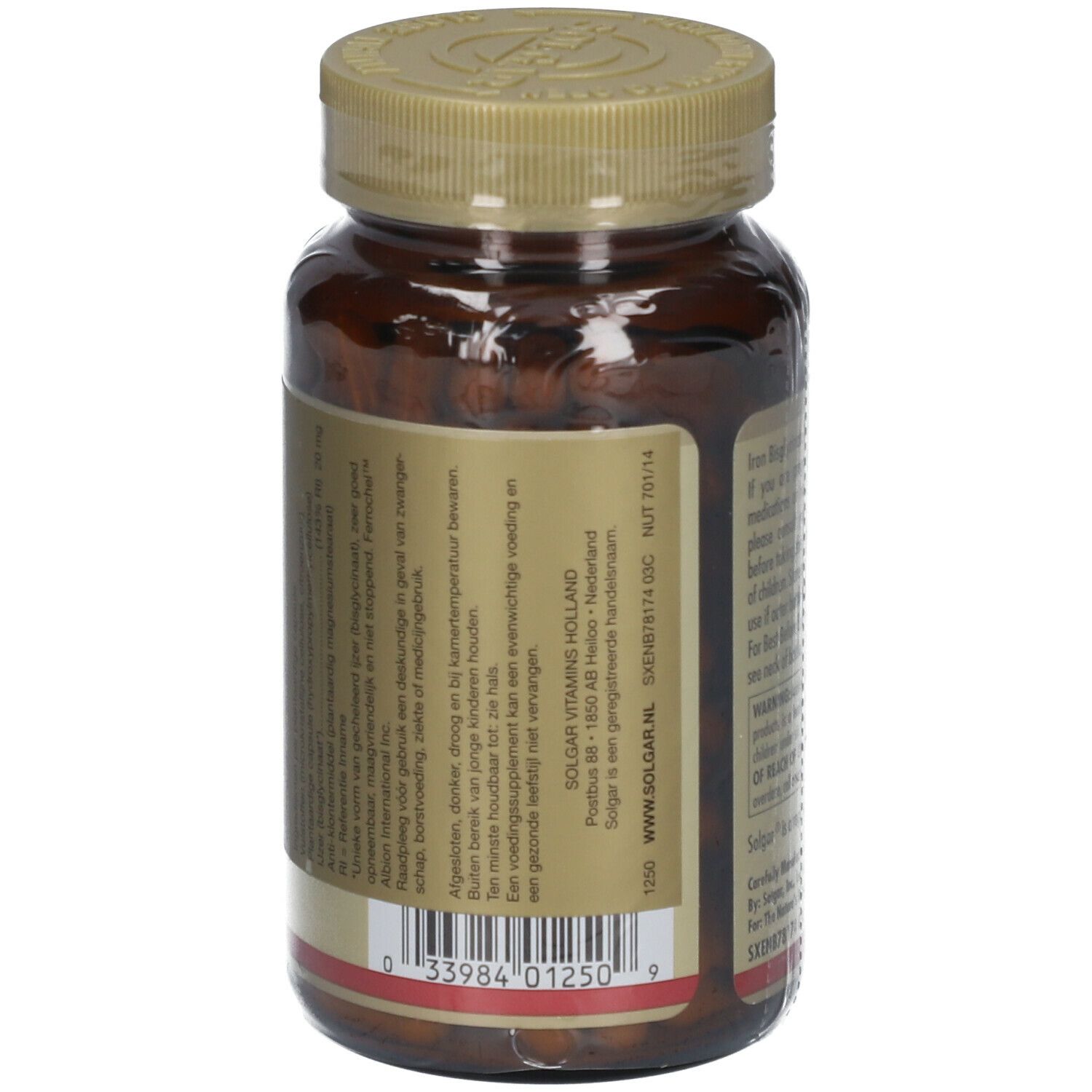 Dos du flacon marron Solgar Gentle Iron 20 mg. Texte en néerlandais. Contient des informations sur les ingrédients et l'utilisation.