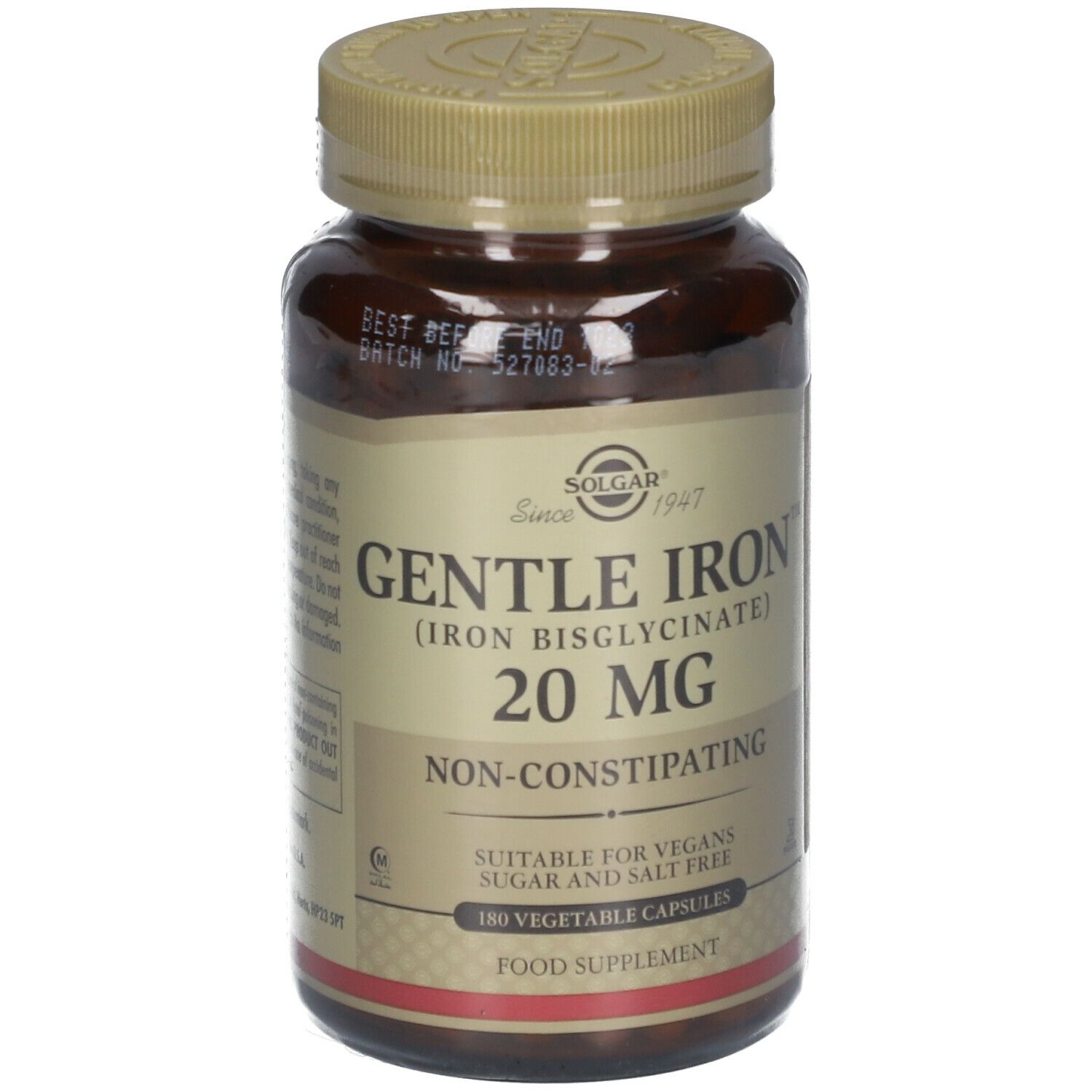 Flacon marron Solgar Gentle Iron 20 mg. Inscription : Gentle Iron (Bisglycinate de fer) 20 mg. Non-constipant. 180 gélules végétales.