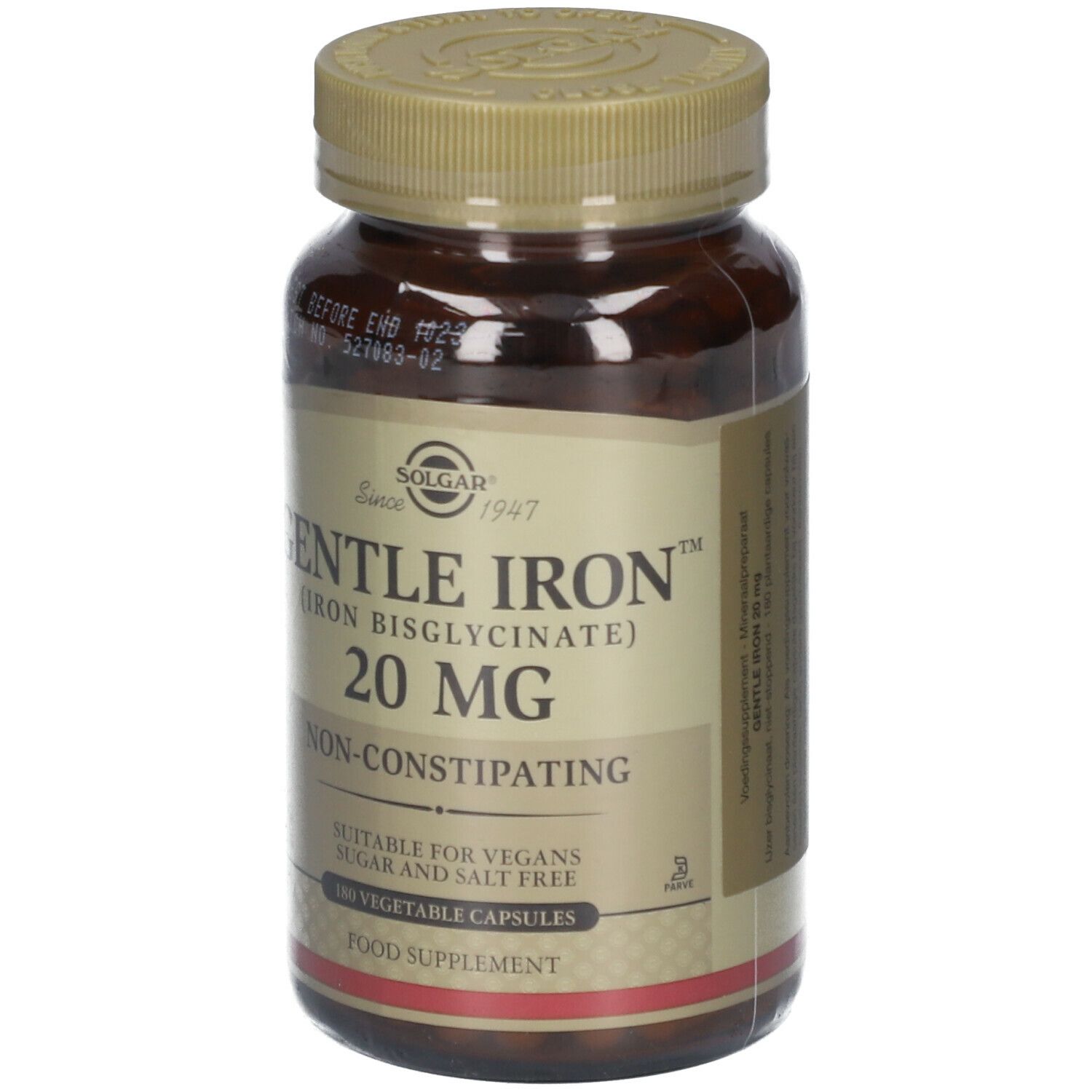 Flacon marron Solgar Gentle Iron 20 mg. Inscription : Gentle Iron (Bisglycinate de fer) 20 mg. Non-constipant. 180 gélules végétales.