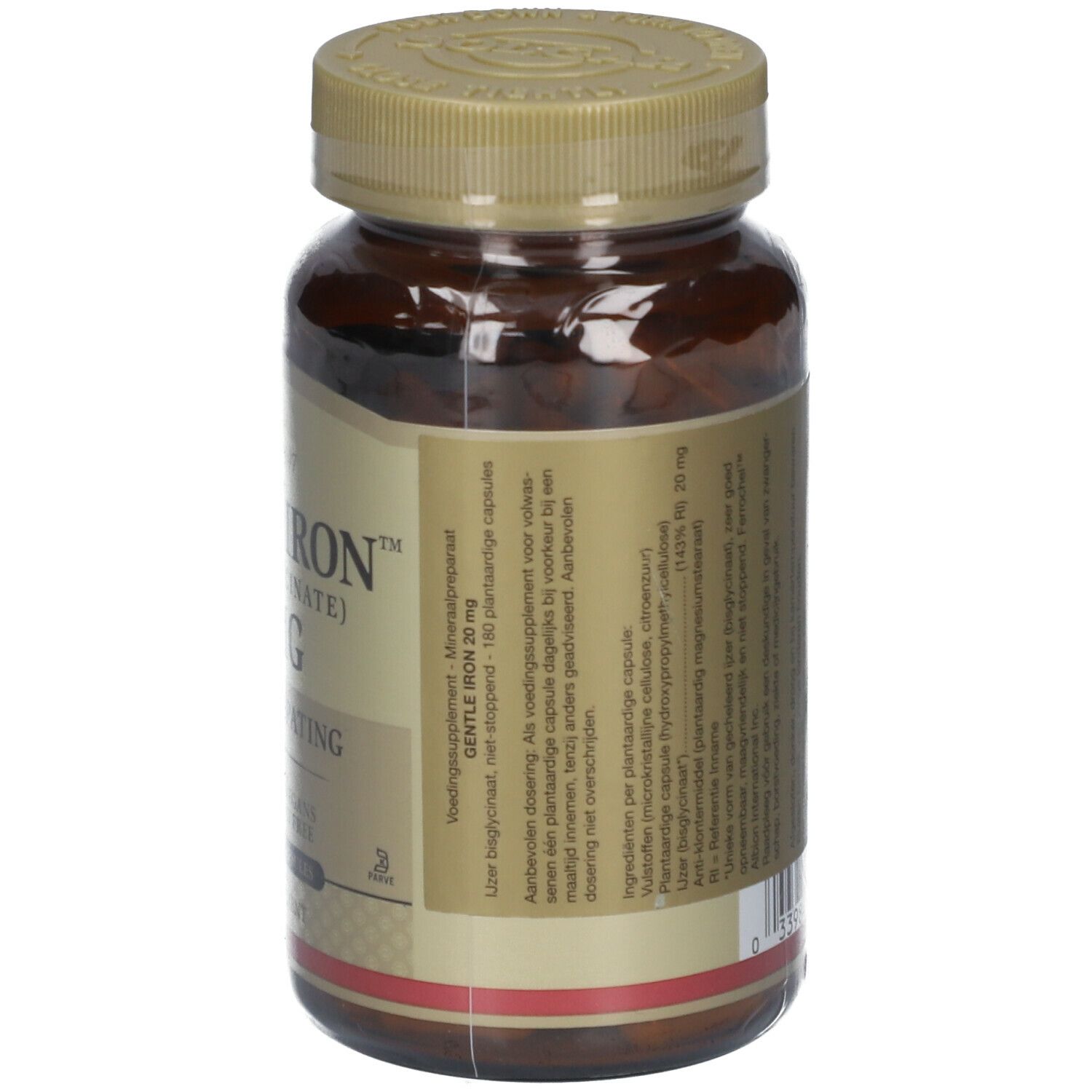 Dos du flacon marron Solgar Gentle Iron 20 mg. Texte en néerlandais. Contient des informations sur les ingrédients et l'utilisation.
