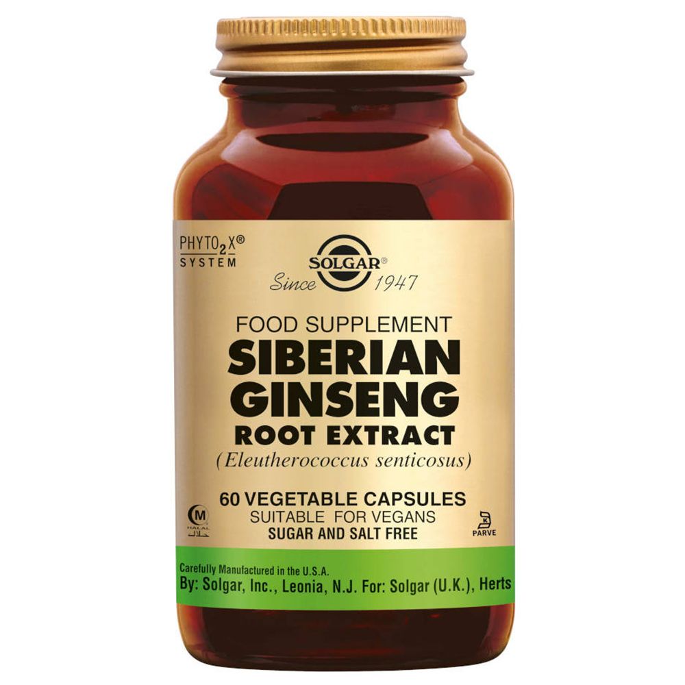 Flacon en verre brun avec couvercle doré. L'étiquette indique "SIBERIAN GINSENG ROOT EXTRACT" et "SOLGAR". Contient 60 gélules végétales.