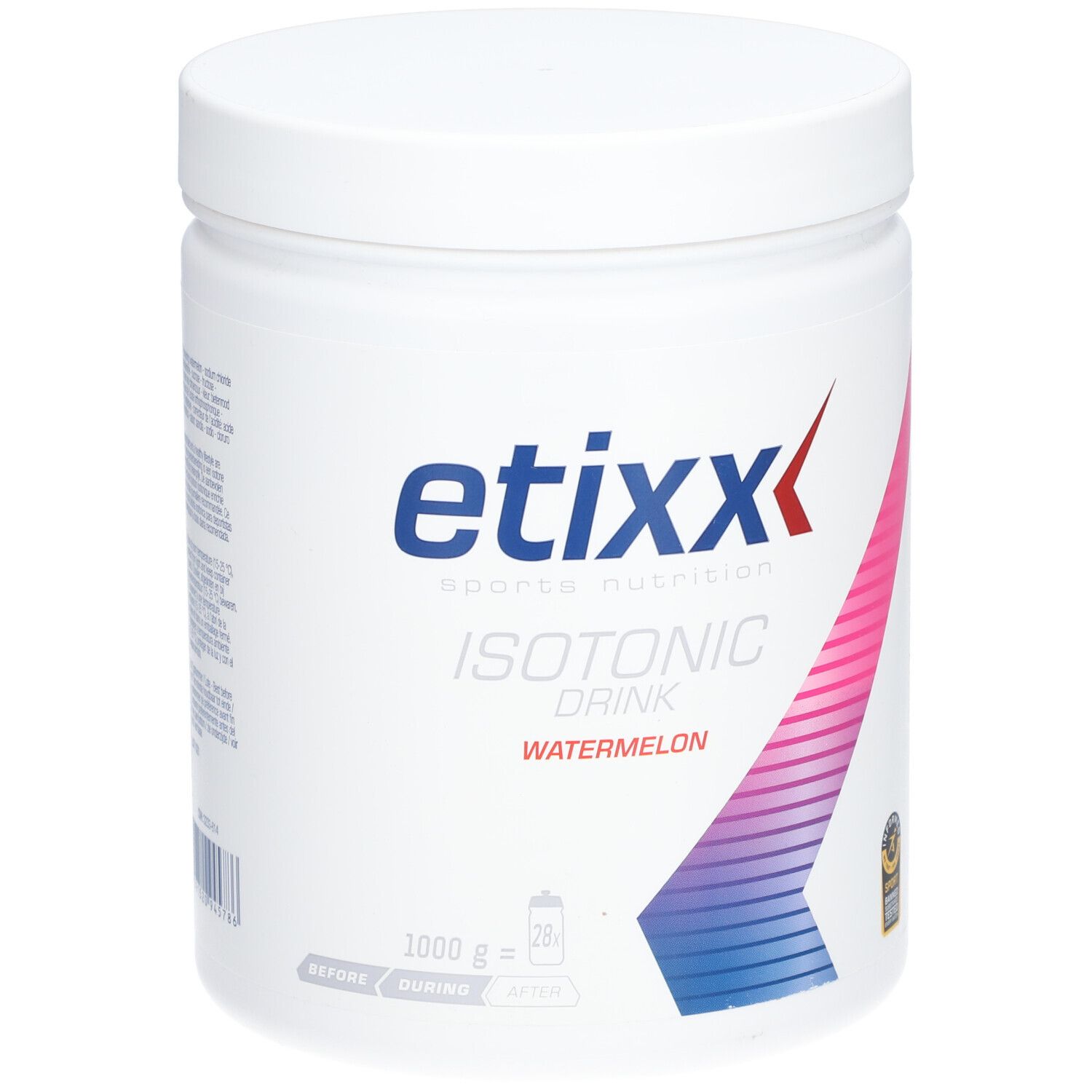 Pot blanc avec couvercle. Inscription : etixx, ISOTONIC DRINK, pastèque. 1000g.