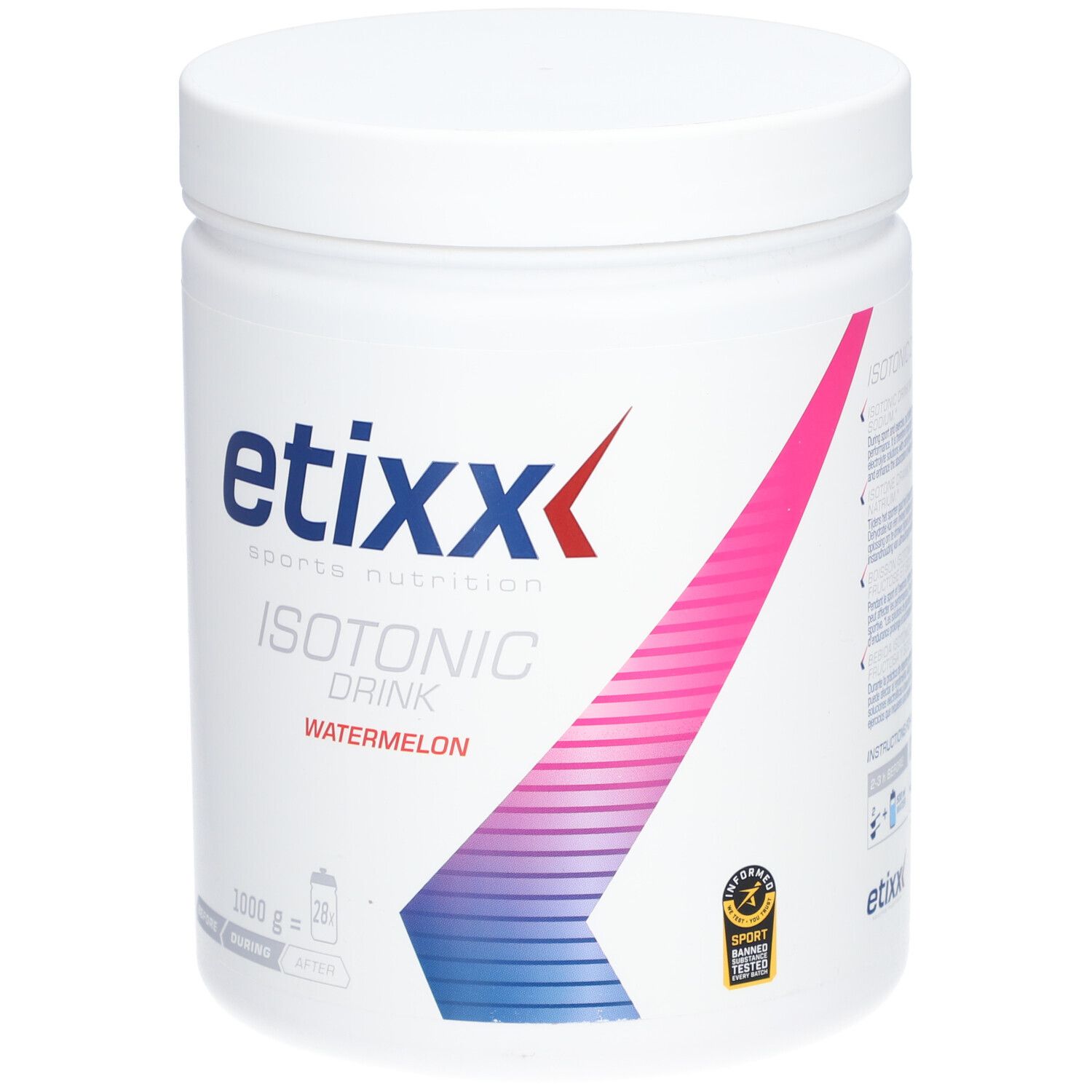 Pot blanc avec couvercle. Inscription : etixx, ISOTONIC DRINK, pastèque. 1000g. Sceau.