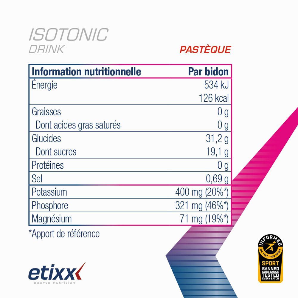 Pot blanc avec couvercle. Inscription : etixx, ISOTONIC DRINK, pastèque. 1000g. Sceau.