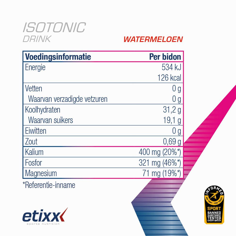 Witte pot met deksel. Opschrift: etixx, ISOTONIC DRINK, watermeloen. 1000g. Zegel.