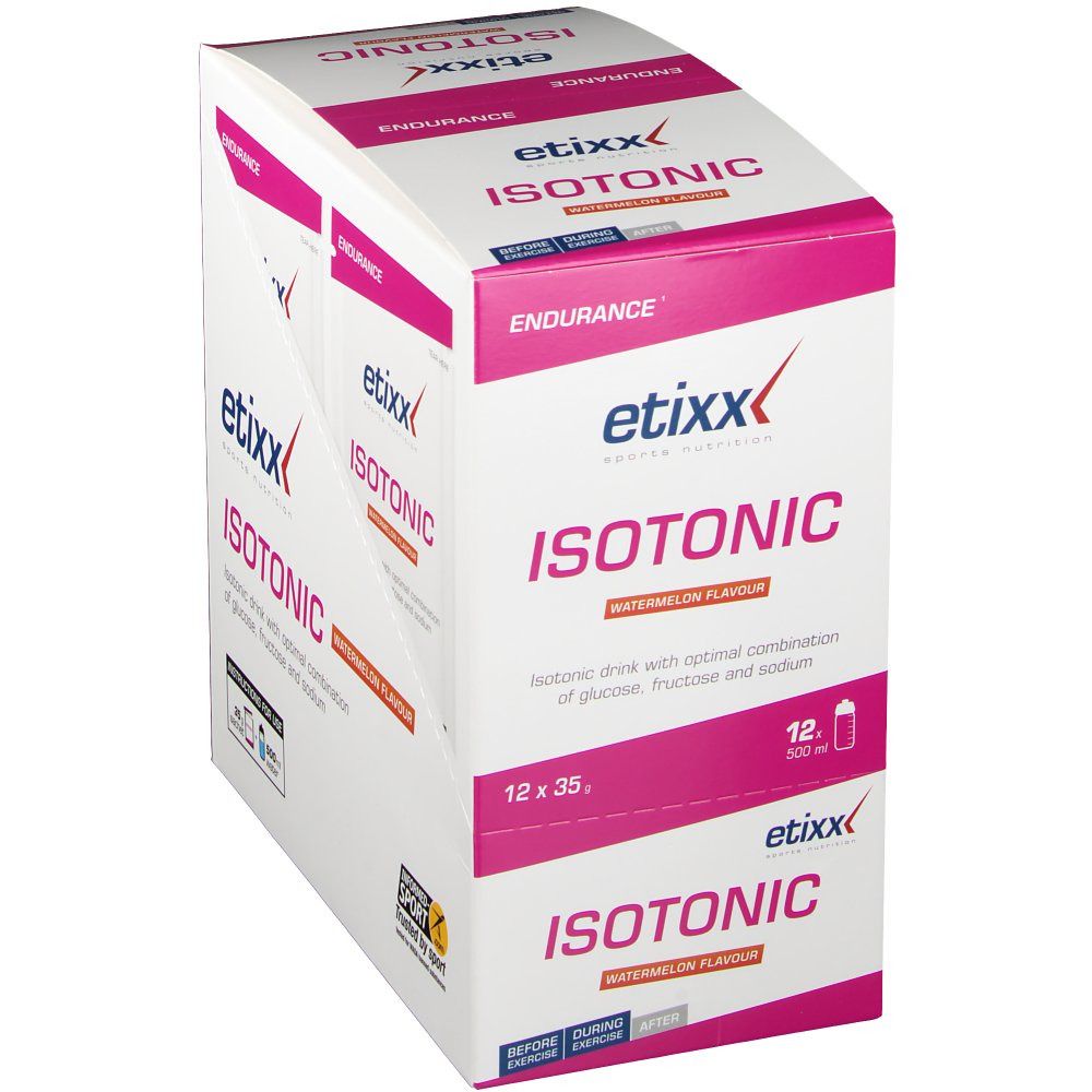 Boîte de produit rose et blanche. Texte: ISOTONIC, goût pastèque. 12 sachets. Marque etixx. Endurance.