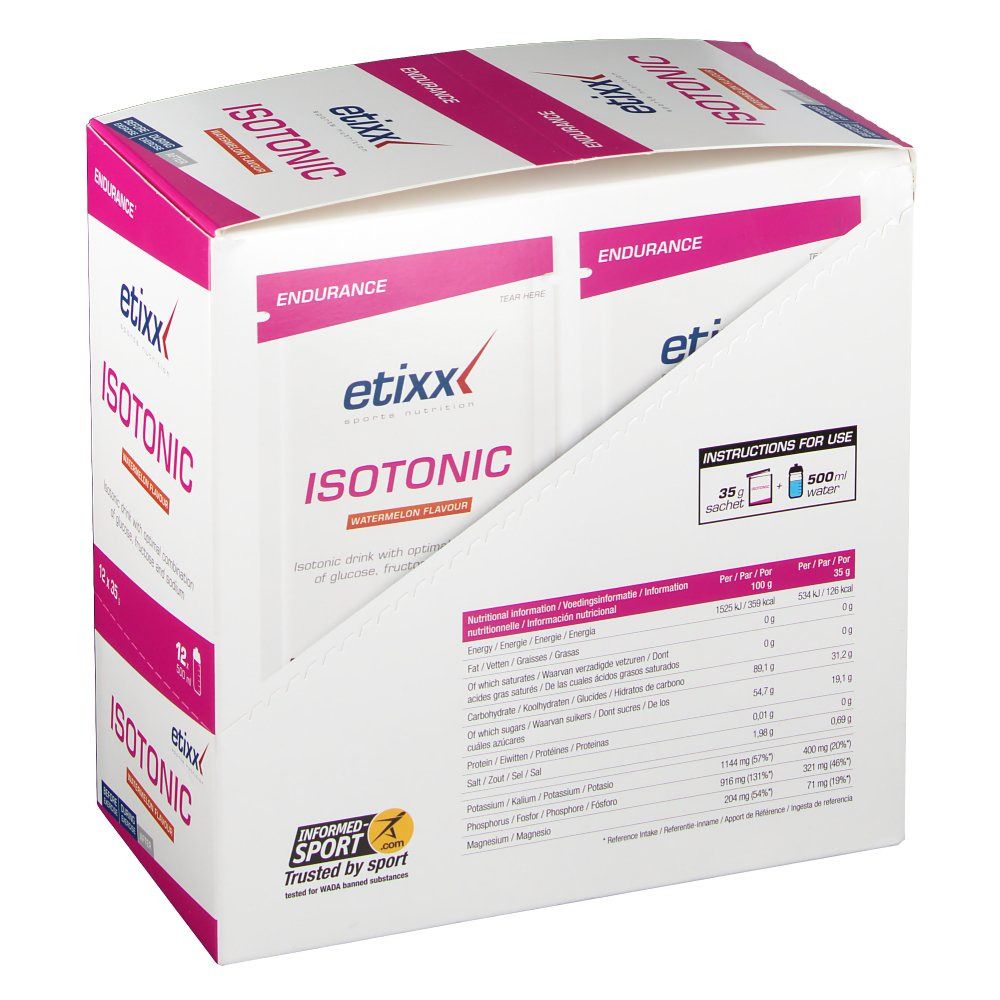 Emballage produit ouvert. Sachets à l'intérieur. Texte: ISOTONIC, goût pastèque. Informations nutritionnelles. Marque etixx.
