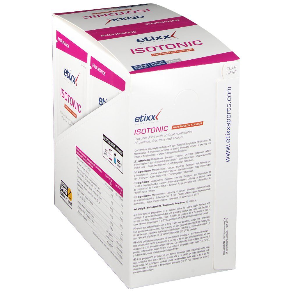 Emballage produit avec texte: ISOTONIC, goût pastèque. Informations nutritionnelles. Marque etixx. Certification.