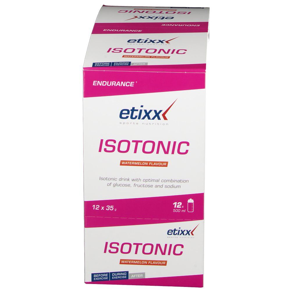 Emballage produit avec texte: ISOTONIC, goût pastèque. Marque etixx. 12 sachets. Endurance.