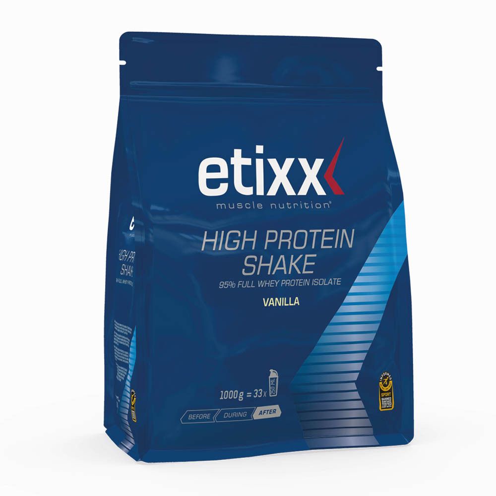 Sachet bleu Etixx High Protein Shake Vanille. Inscription : 95% Full Whey Protein Isolate. 1000g.