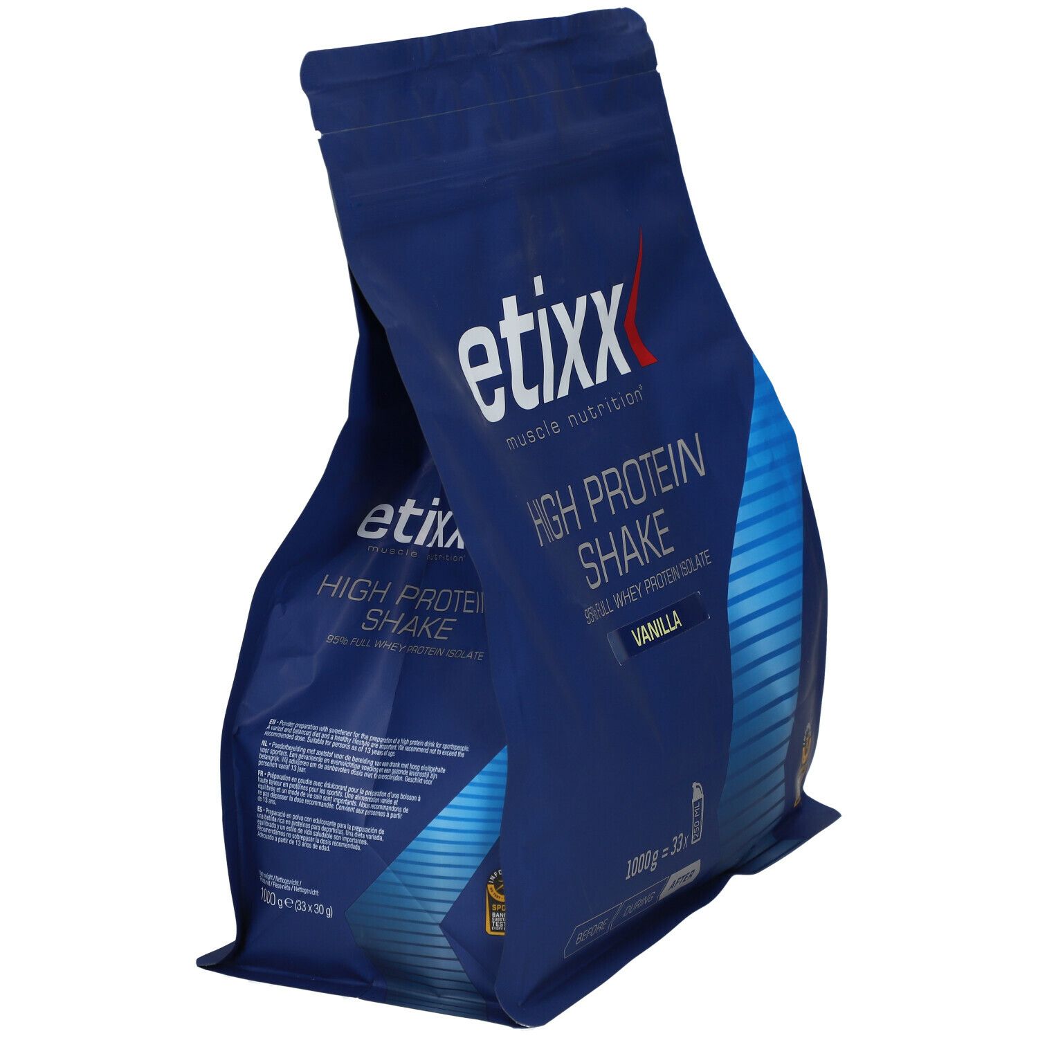 Deux sachets bleus Etixx High Protein Shake Vanille. Inscription : 95% Full Whey Protein Isolate.