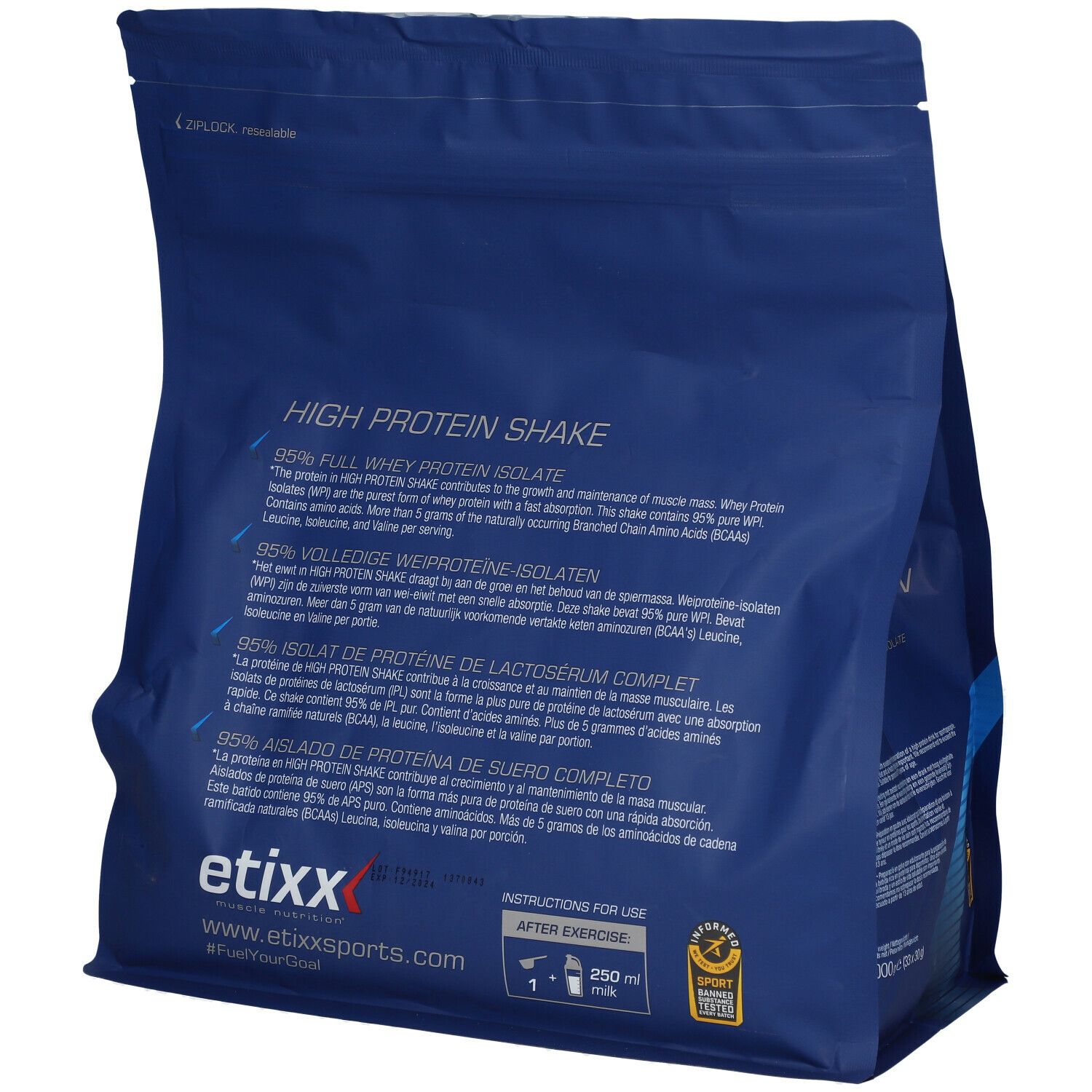 Dos d'un sachet bleu Etixx High Protein Shake. Texte sur les ingrédients et l'utilisation.
