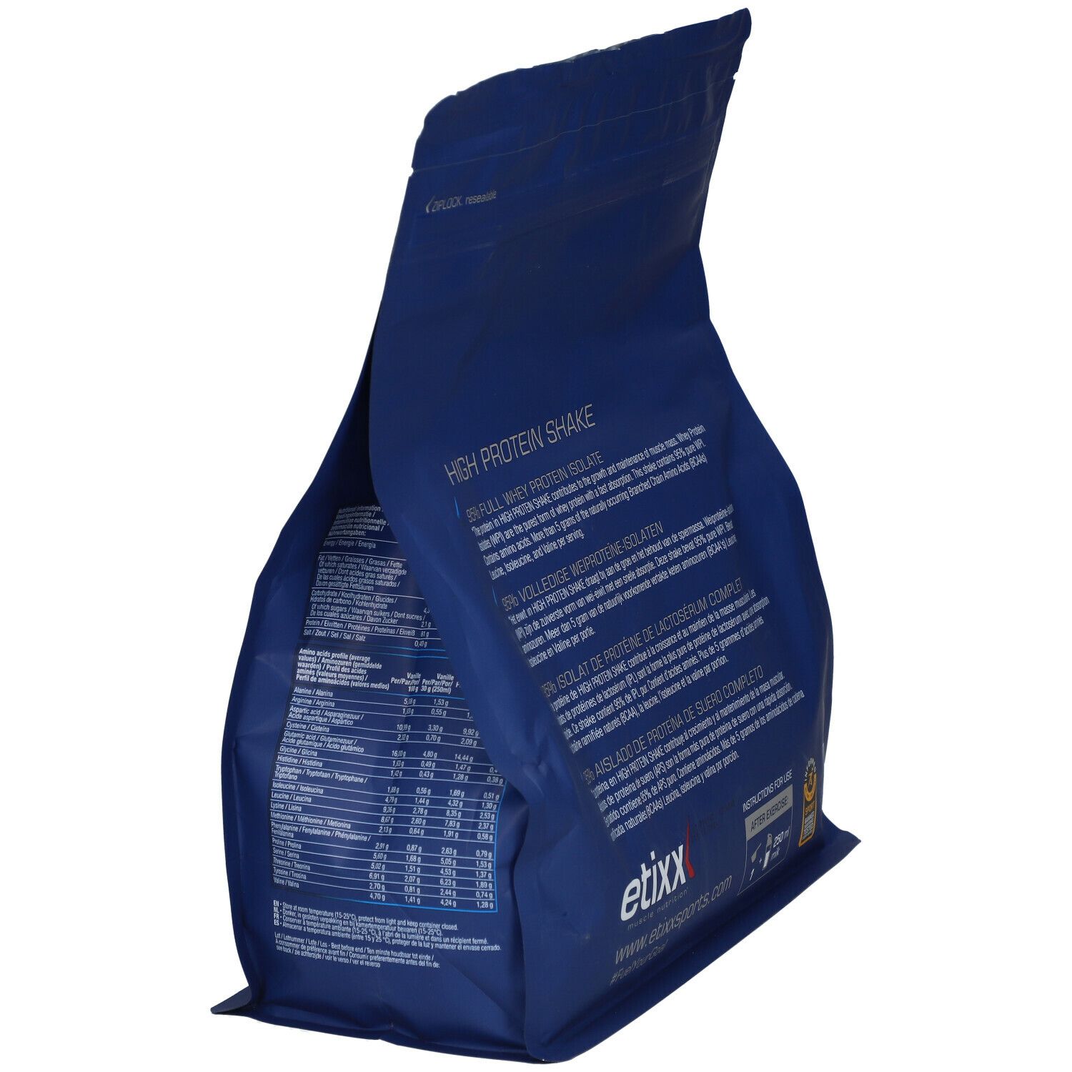 Dos d'un sachet bleu Etixx High Protein Shake. Texte sur les ingrédients et l'utilisation.