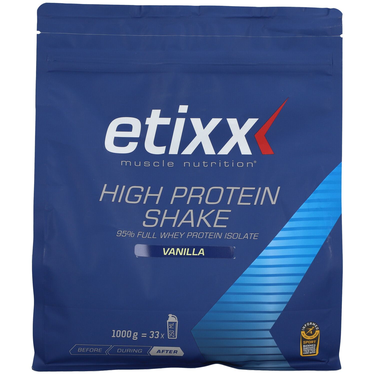 Sachet bleu Etixx High Protein Shake Vanille. Inscription : 95% Full Whey Protein Isolate. 1000g.