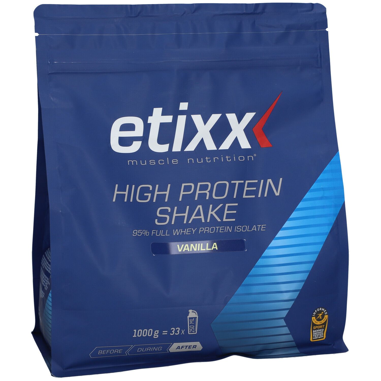 Sachet bleu Etixx High Protein Shake Vanille. Inscription : 95% Full Whey Protein Isolate. 1000g.