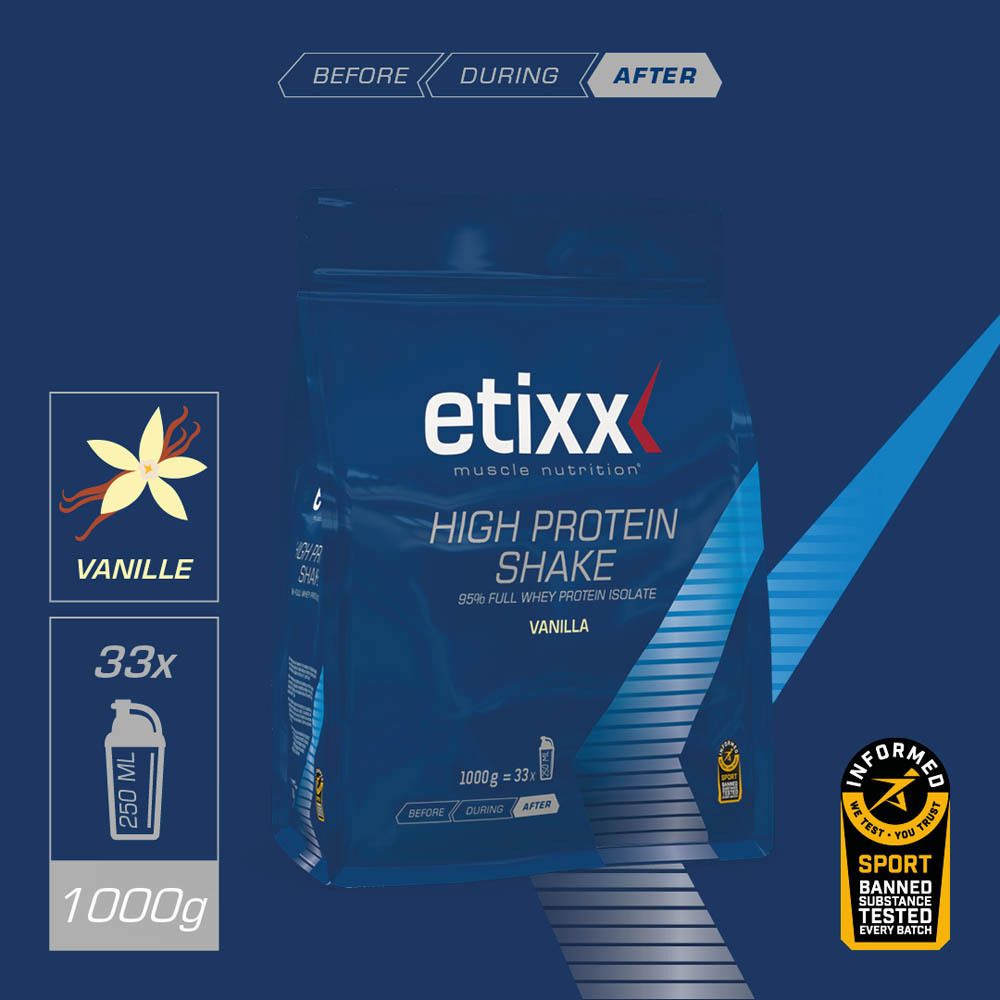 Graphique avec vanille, 33 portions, 1000g et Etixx High Protein Shake Vanille.
