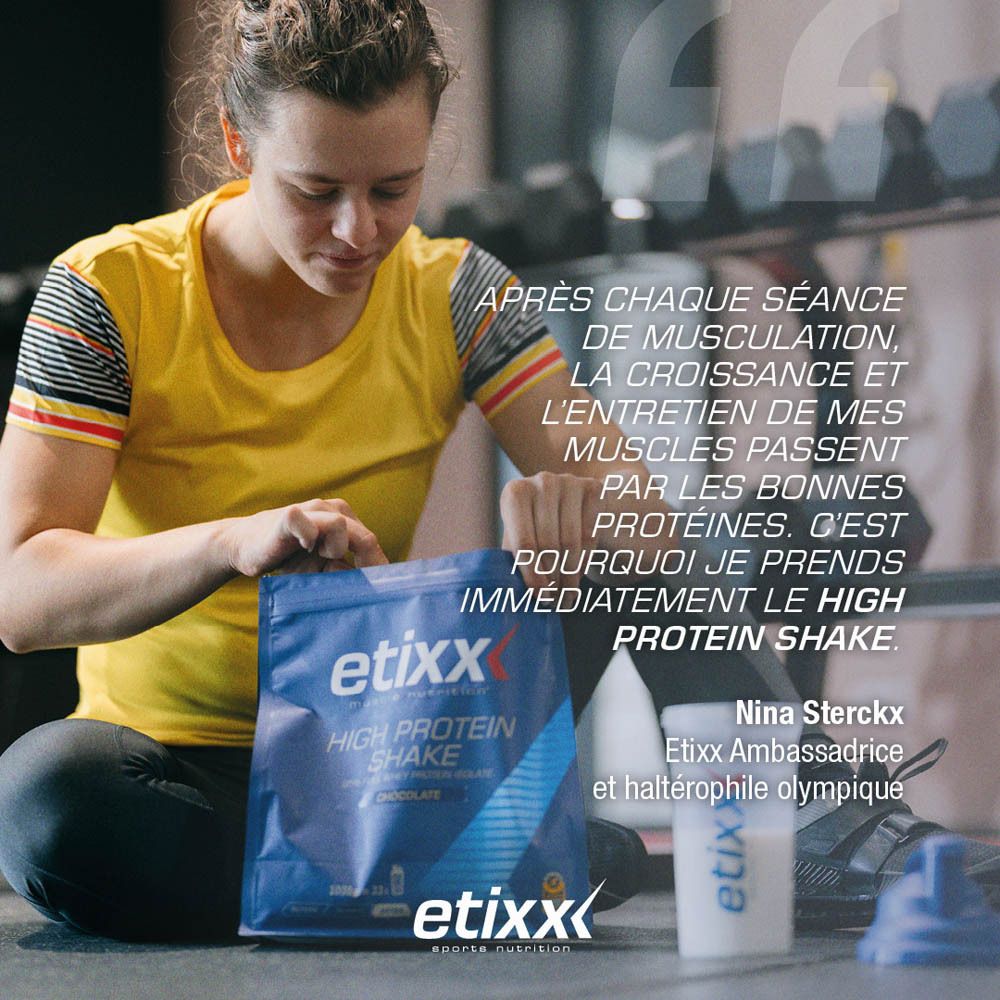 Sachet bleu Etixx High Protein Shake Vanille. Inscription : 95% Full Whey Protein Isolate. 1000g.