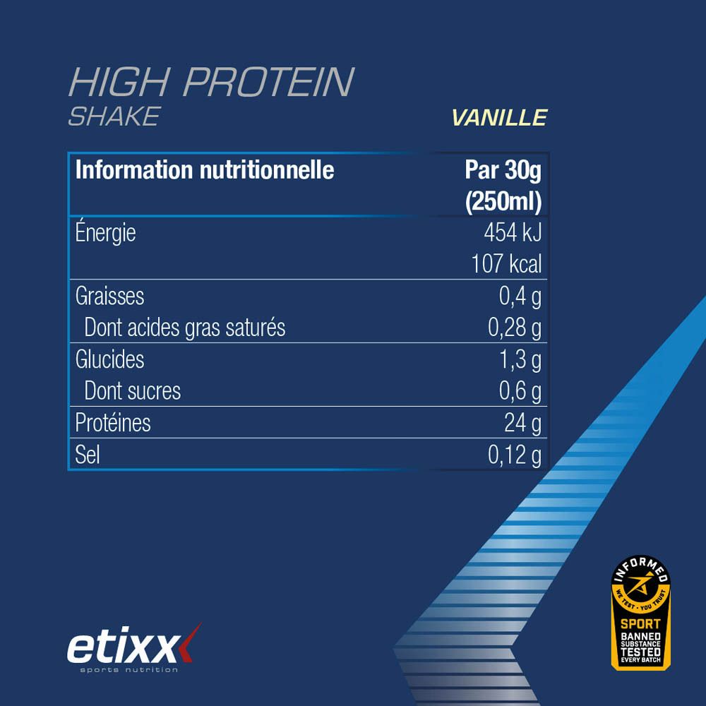 Sachet bleu Etixx High Protein Shake Vanille. Inscription : 95% Full Whey Protein Isolate. 1000g.