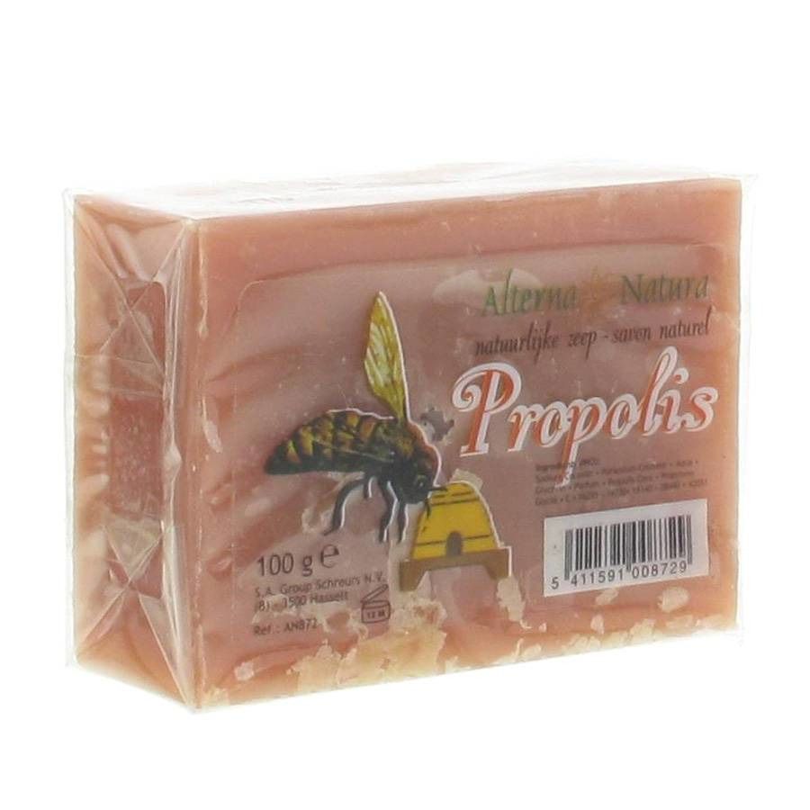 Savon Propolis rectangulaire, emballé. Impression d'une abeille, d'un nid d'abeilles et du mot Propolis. Marque : Alterna Natura.