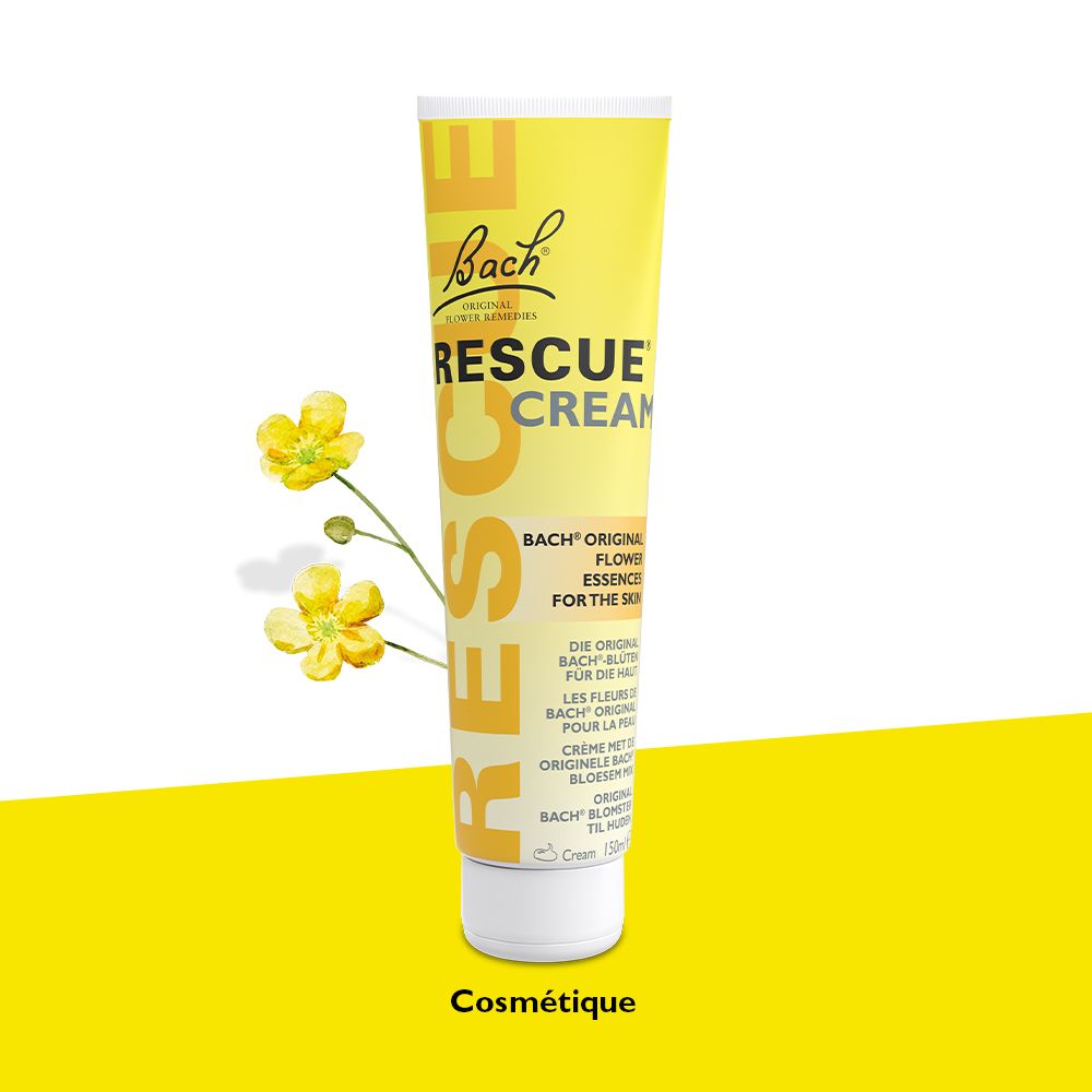 Gelbe Tube mit Bach Rescue Cream Aufschrift. Daneben gelbe Blüten.