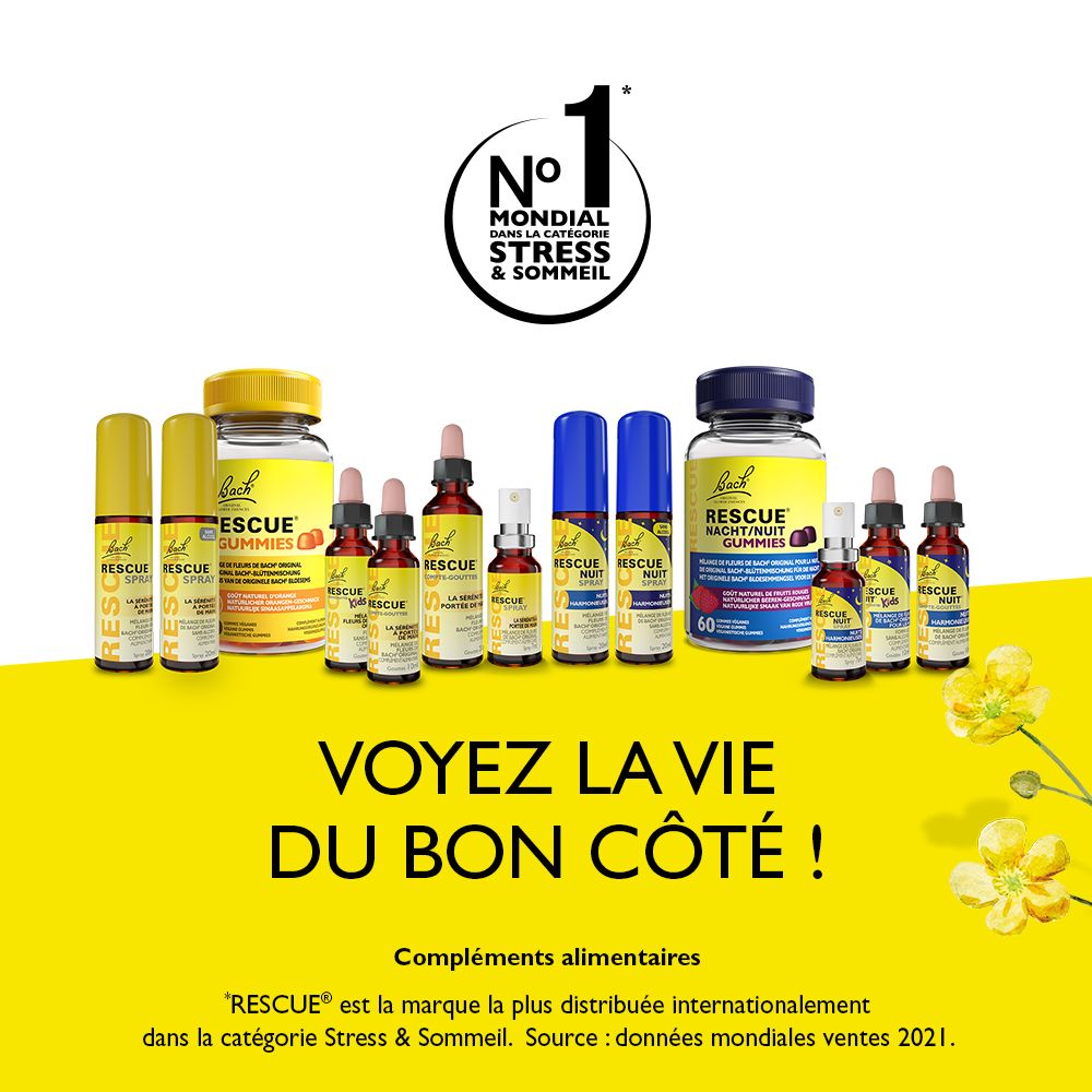 Verschiedene Bach RESCUE Produkte: Sprays, Tropfenflaschen und eine Dose Gummibärchen. "Nr. 1 Mondial" Logo oben.