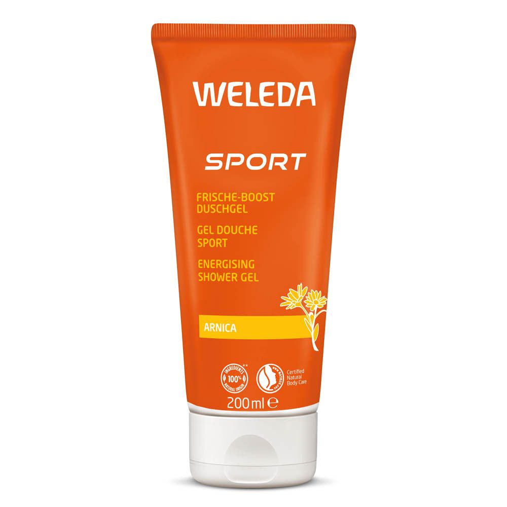 Tube orange "WELEDA Sport". Texte: Gel Douche Sport, Energising Shower Gel. 200ml. Illustration florale.