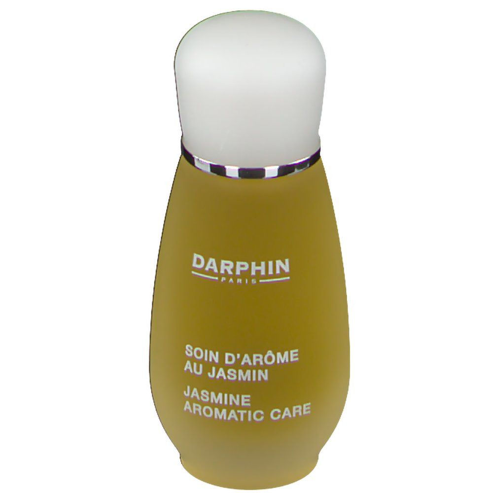 Flacon jaune avec bouchon blanc. Inscription: Darphin, Soin d'Arôme au Jasmin, Jasmine Aromatic Care.