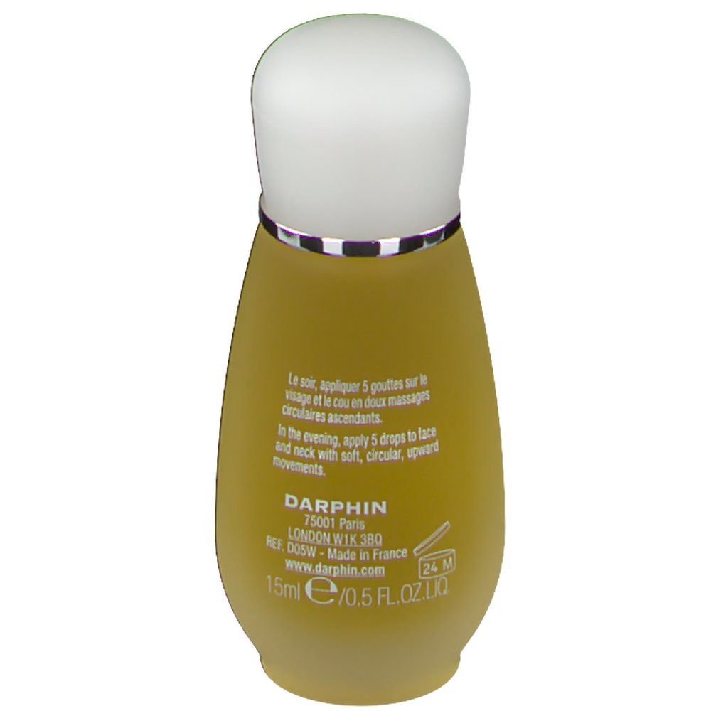 Flacon jaune avec bouchon blanc. Texte: Darphin, instructions, 15ml/0.5 FL. LIQ, 24M.