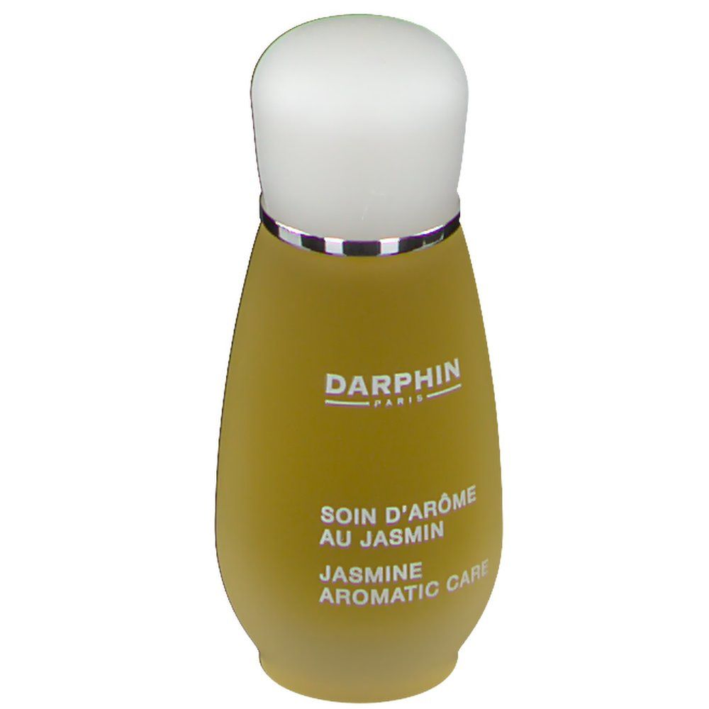 Flacon jaune avec bouchon blanc. Inscription: Darphin, Soin d'Arôme au Jasmin, Jasmine Aromatic Care.