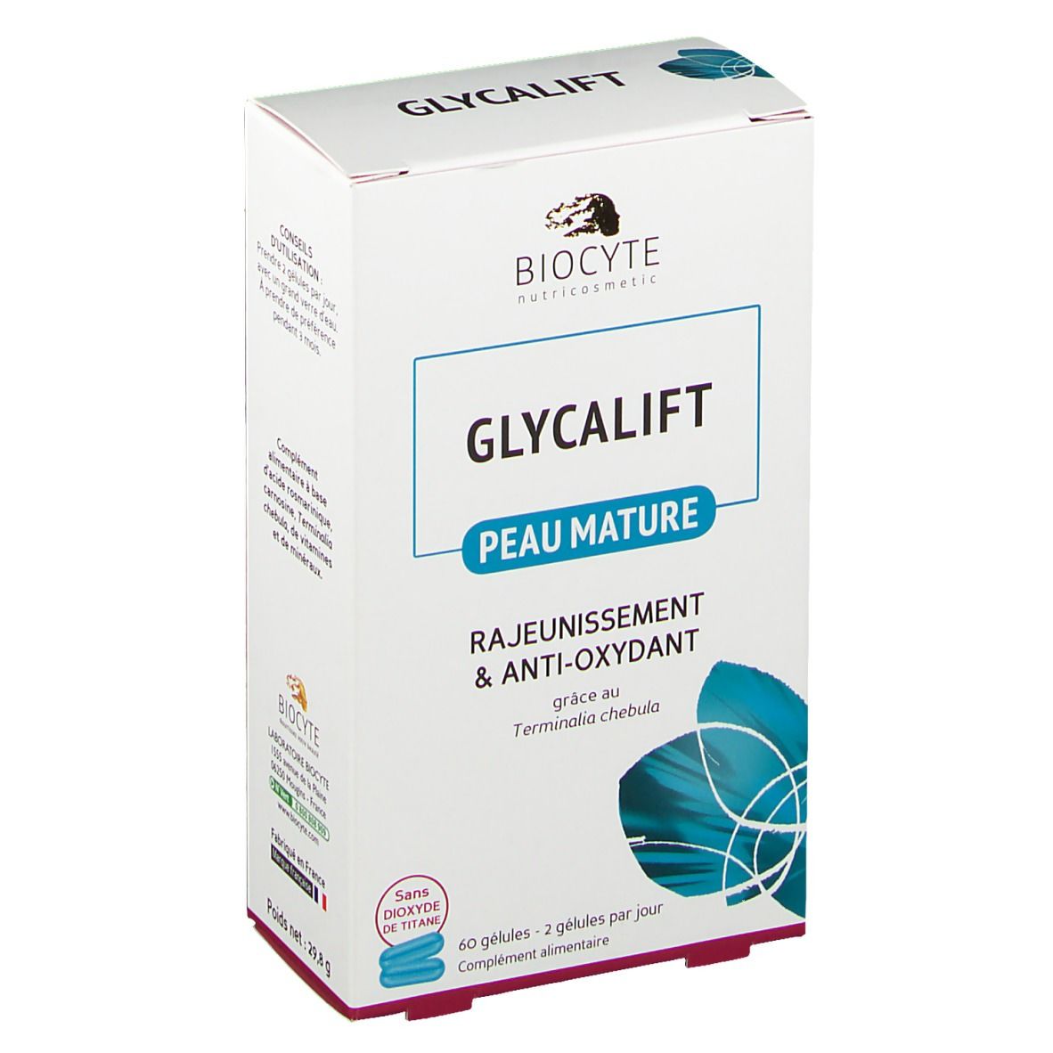 Boîte Biocyte Glycalift. Texte: Glycalift Peau Mature, Anti-oxydant. Capsules bleues en bas. Marque et logo visibles.