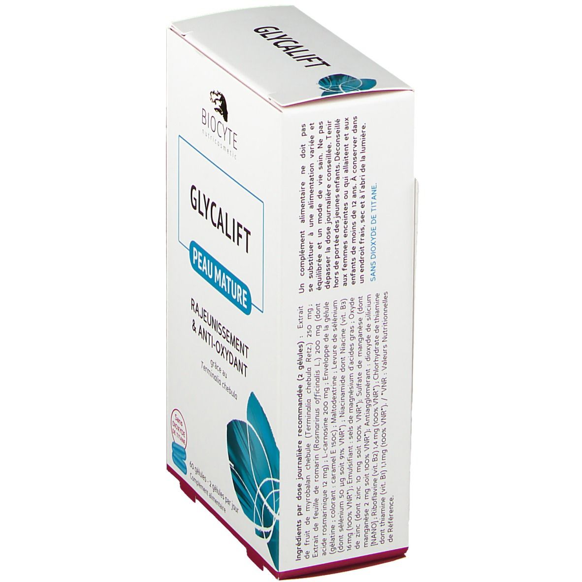 Boîte Biocyte Glycalift, vue latérale. Texte: Glycalift Peau Mature, Anti-oxydant. Ingrédients et logo visibles.