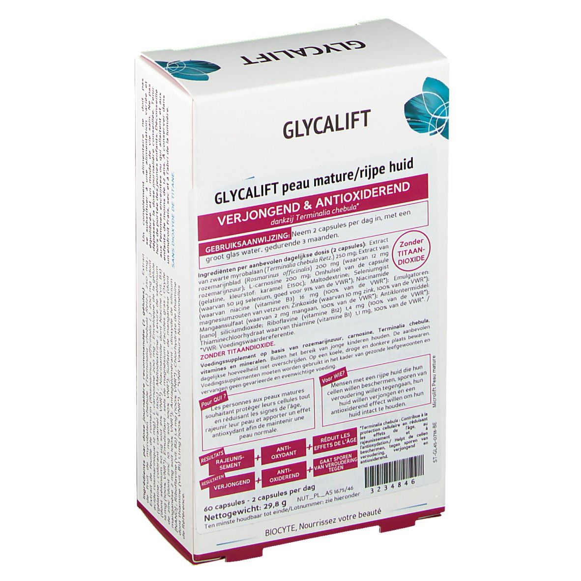 Dos de la boîte Biocyte Glycalift. Texte: Glycalift Peau Mature, Anti-oxydant. Ingrédients et logo visibles.