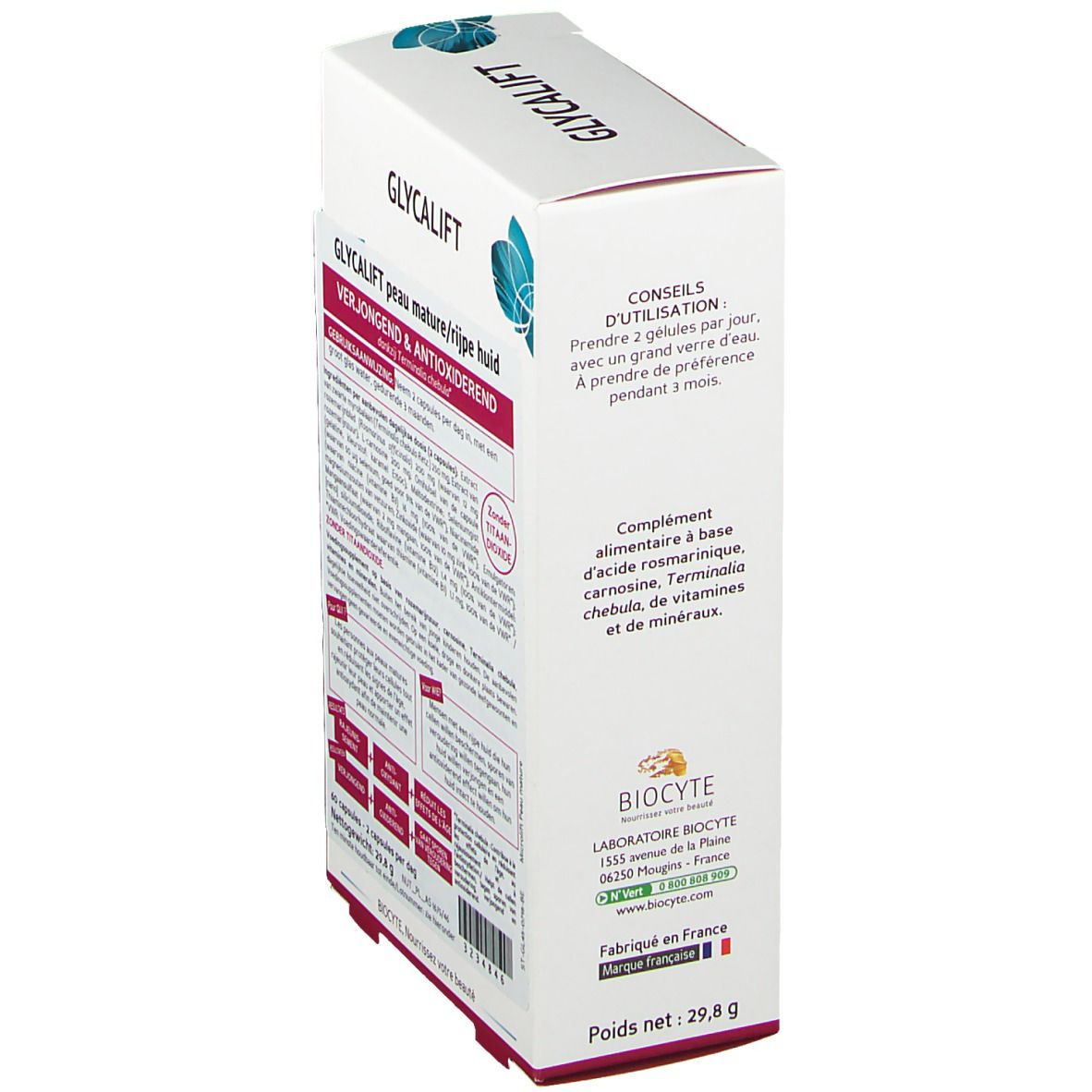 Boîte Biocyte Glycalift, vue en biais. Texte: Glycalift Peau Mature, Anti-oxydant. Logo et ingrédients visibles.