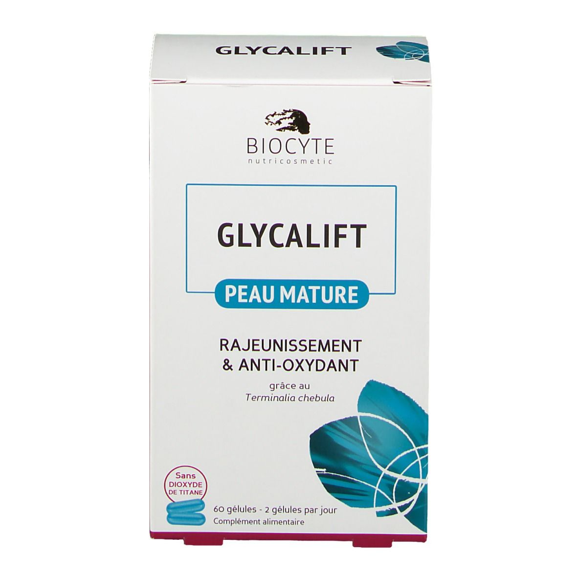 Face avant de la boîte Biocyte Glycalift. Texte: Glycalift Peau Mature, Anti-oxydant. Capsules bleues en bas. Marque et logo.