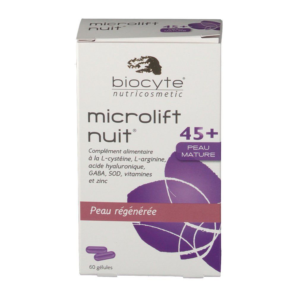 Emballage blanc du produit avec logo et nom. Accent violet avec texte. Deux gélules en bas. Texte: 'Peau régénérée'.