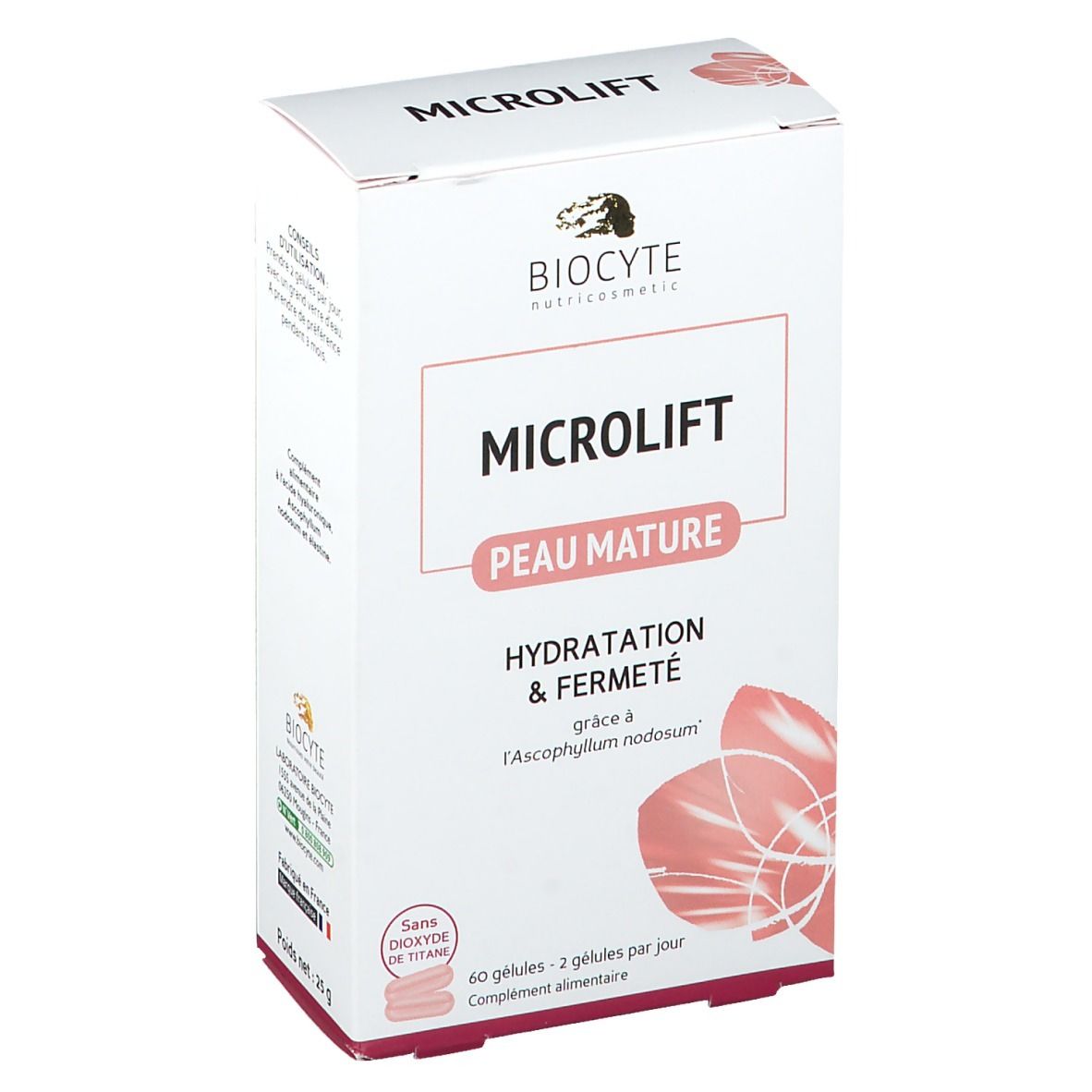 Boîte blanche avec logo et nom du produit. Texte : Microlift, Peau Mature, Hydratation & Fermeté. Contient 60 gélules.