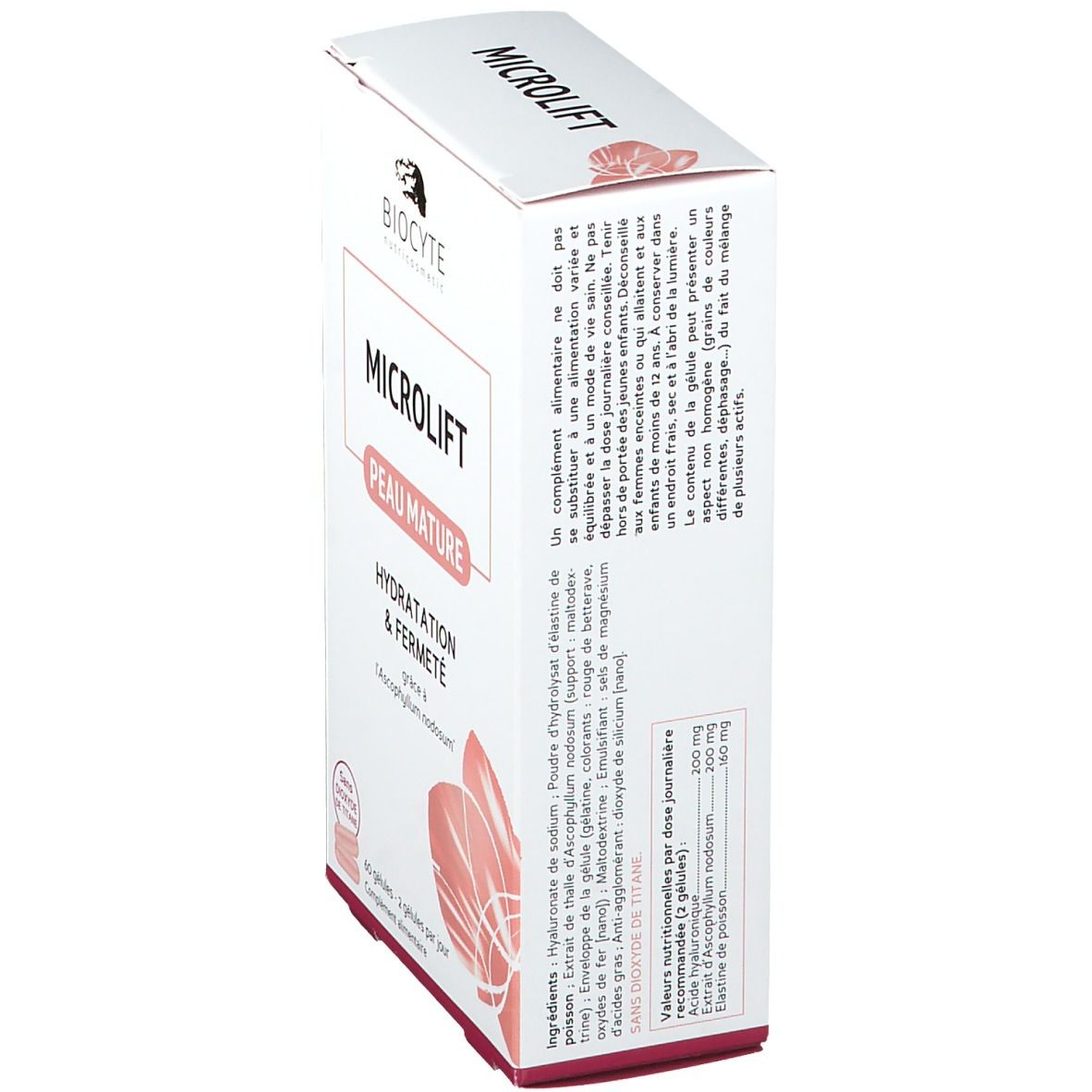 Boîte blanche, vue latérale. Texte : Microlift, Peau Mature, Hydratation & Fermeté. Ingrédients et informations nutritionnelles visibles.