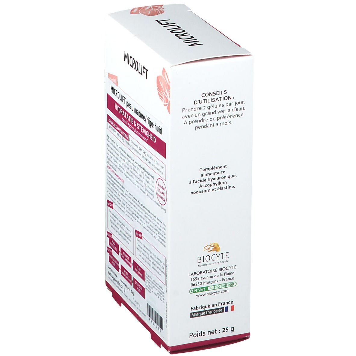 Boîte blanche, vue arrière. Texte : Microlift, Peau Mature, Hydratation & Fermeté. Conseils d'utilisation et adresse du fabricant.