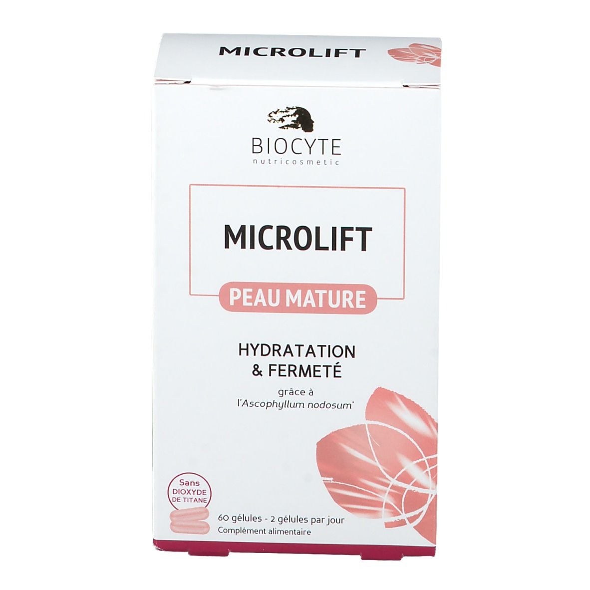 Boîte blanche avec logo et nom du produit. Texte : Microlift, Peau Mature, Hydratation & Fermeté. Contient 60 gélules.