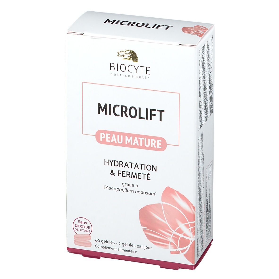 Boîte blanche avec logo et nom du produit. Texte : Microlift, Peau Mature, Hydratation & Fermeté. Contient 60 gélules.