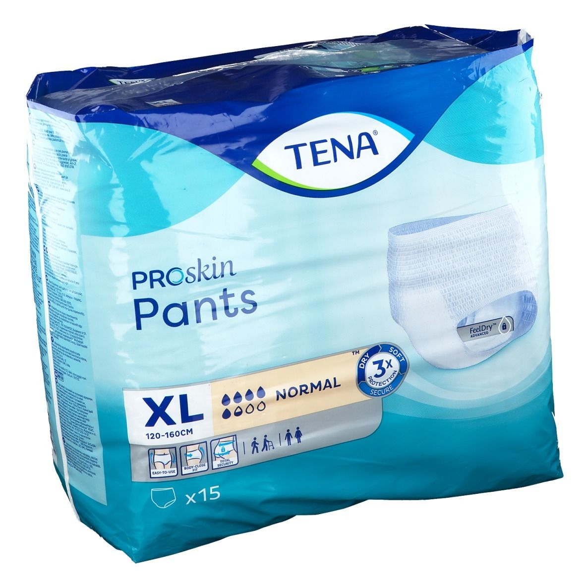 Verpakking TENA ProSkin Pants XL Normal. XL-maat, 120-160cm, 15 stuks. Opschriften: TENA, ProSkin Pants, Normal, 3x bescherming, FeelDry.