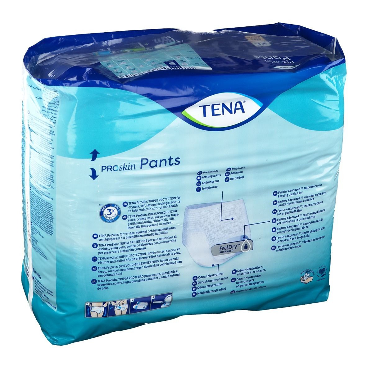 Achterkant van de verpakking van TENA ProSkin Pants. Opschriften: TENA, ProSkin Pants, productinformatie, FeelDry. Pictogrammen en meertalige tekst.